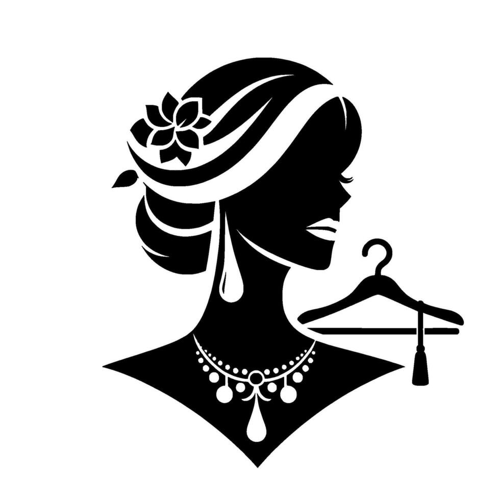 Elegant silhouette of a woman with updo, flower, jewelry, and hanger, representing fashion style. vector