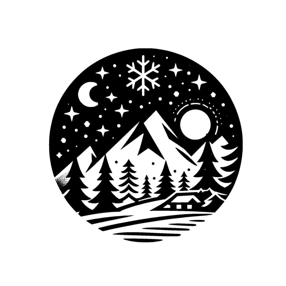 Winter night landscape circular black and white showcasing a snowy mountain range, pine trees, a cabin, celestial bodies and a prominent snowflake. vector