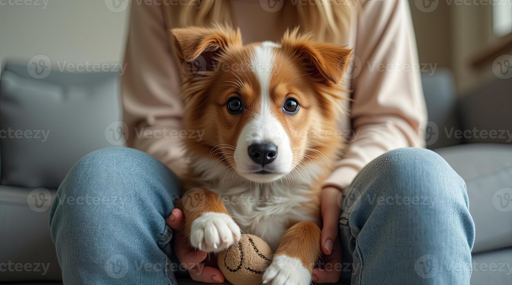 Adorable dog with blue eyes playing with toy while sitting on owner's lap in a cozy living room during afternoon sunlight photo