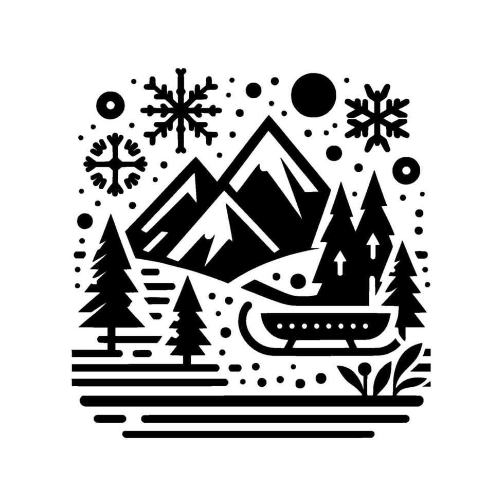 A monochromatic, minimalist illustration of a snowy winter landscape with mountains, pine trees, snowflakes, and a sled, embodying a serene holiday spirit. vector