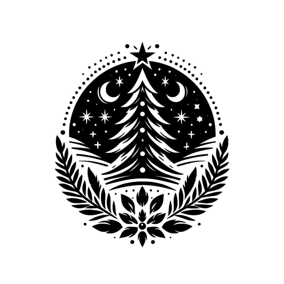 An elegant, symmetrical, blackandwhite christmas illustration featuring a stylized evergreen tree at the center, framed by celestial bodies, floral elements, and a dotted oval. vector
