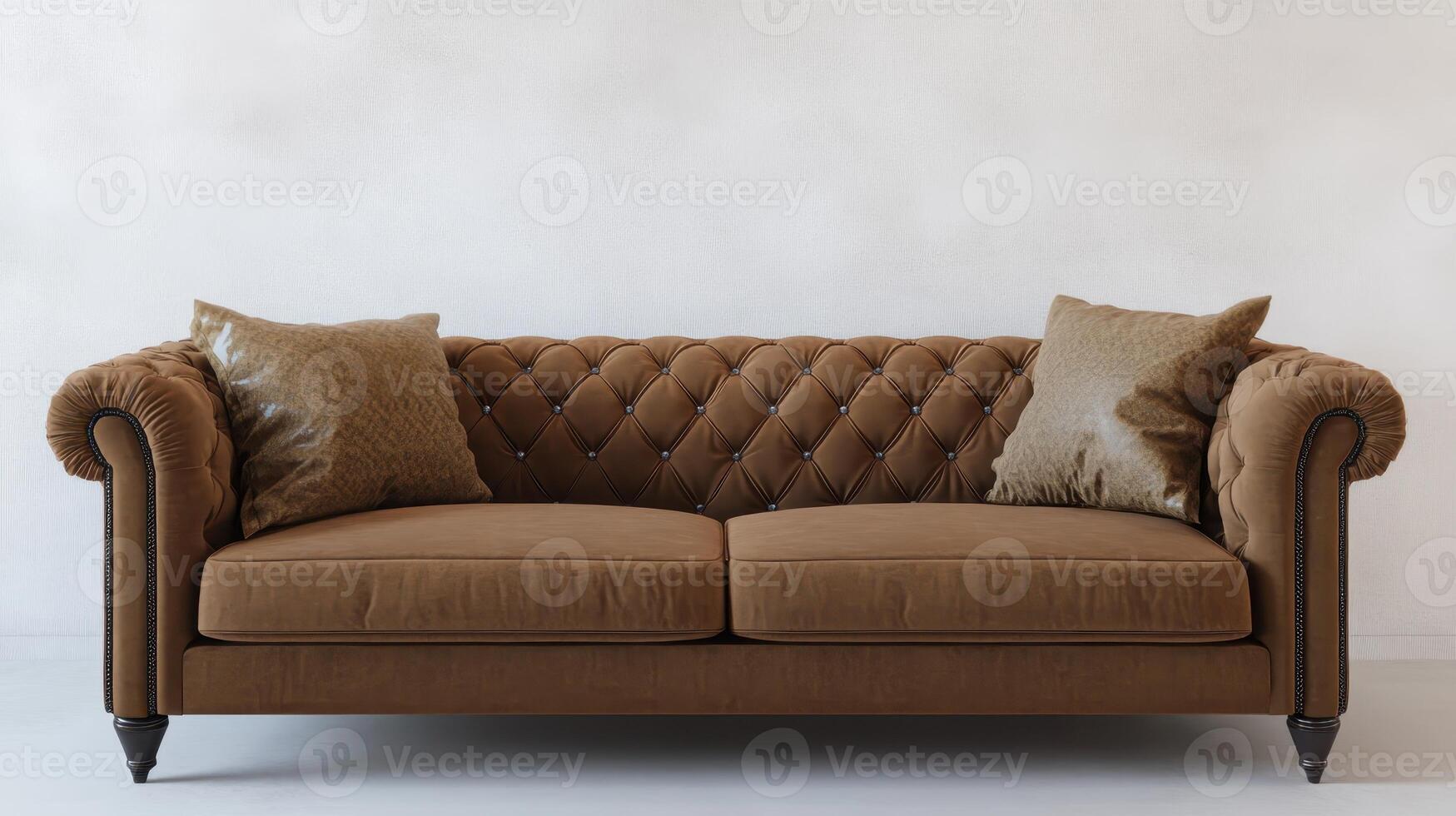Elegant tufted brown sofa with decorative cushions placed against a plain wall in a minimalistic interior setting photo