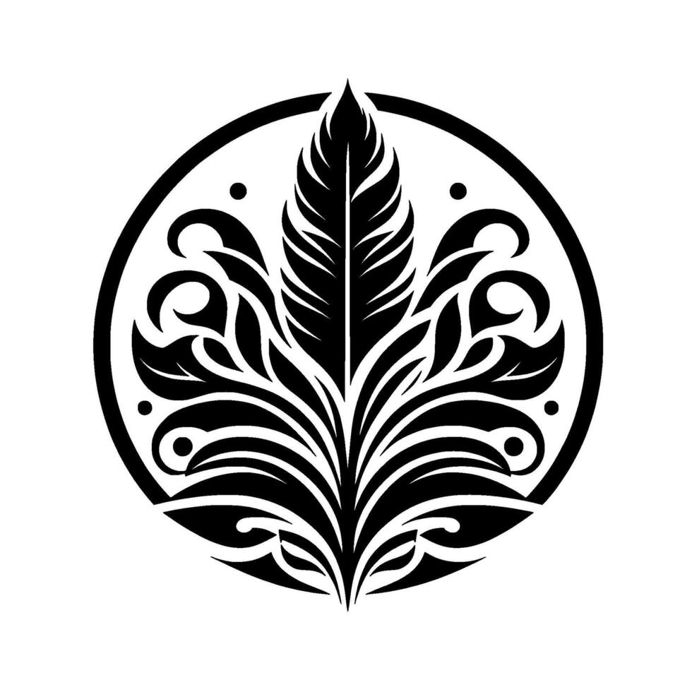 A striking black and white circular emblem featuring a central feather, flanked by stylized leaves and elegant swirling patterns, set on a crisp white background, evoking a sense of classic design. vector