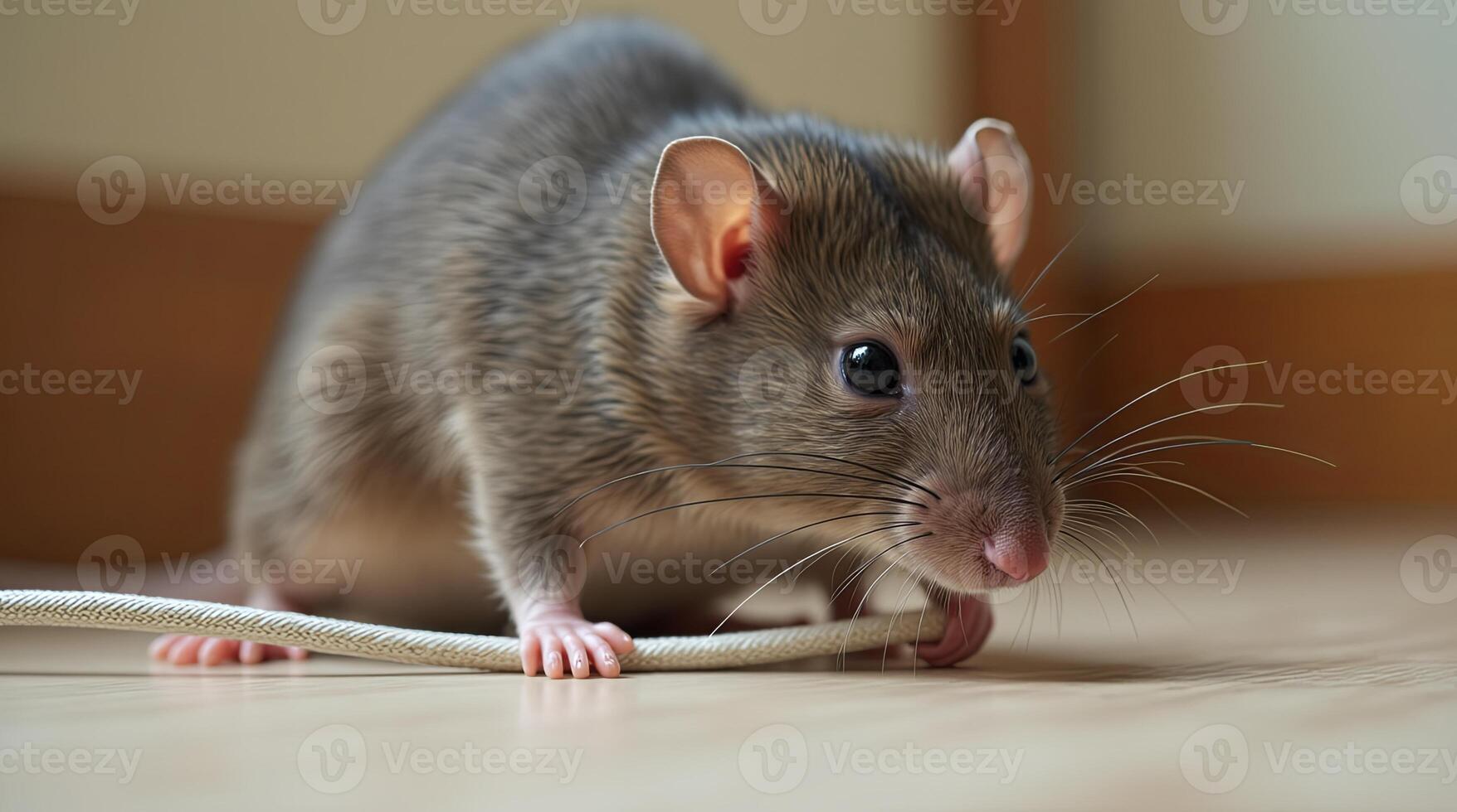 A small, adorable gray rat curiously ventures through the room, playfully nibbling on a string as the warm afternoon light glistens around it photo
