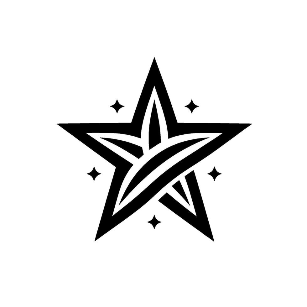 Black and white stylized star with integrated, decorative elements and four diamond accents, set against a stark white background. vector