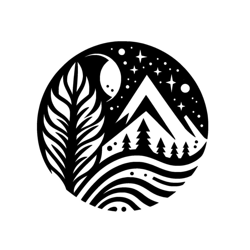 Serene nightscape minimalist black white circular featuring mountains, trees, moon, stars, and stylized foliage. vector