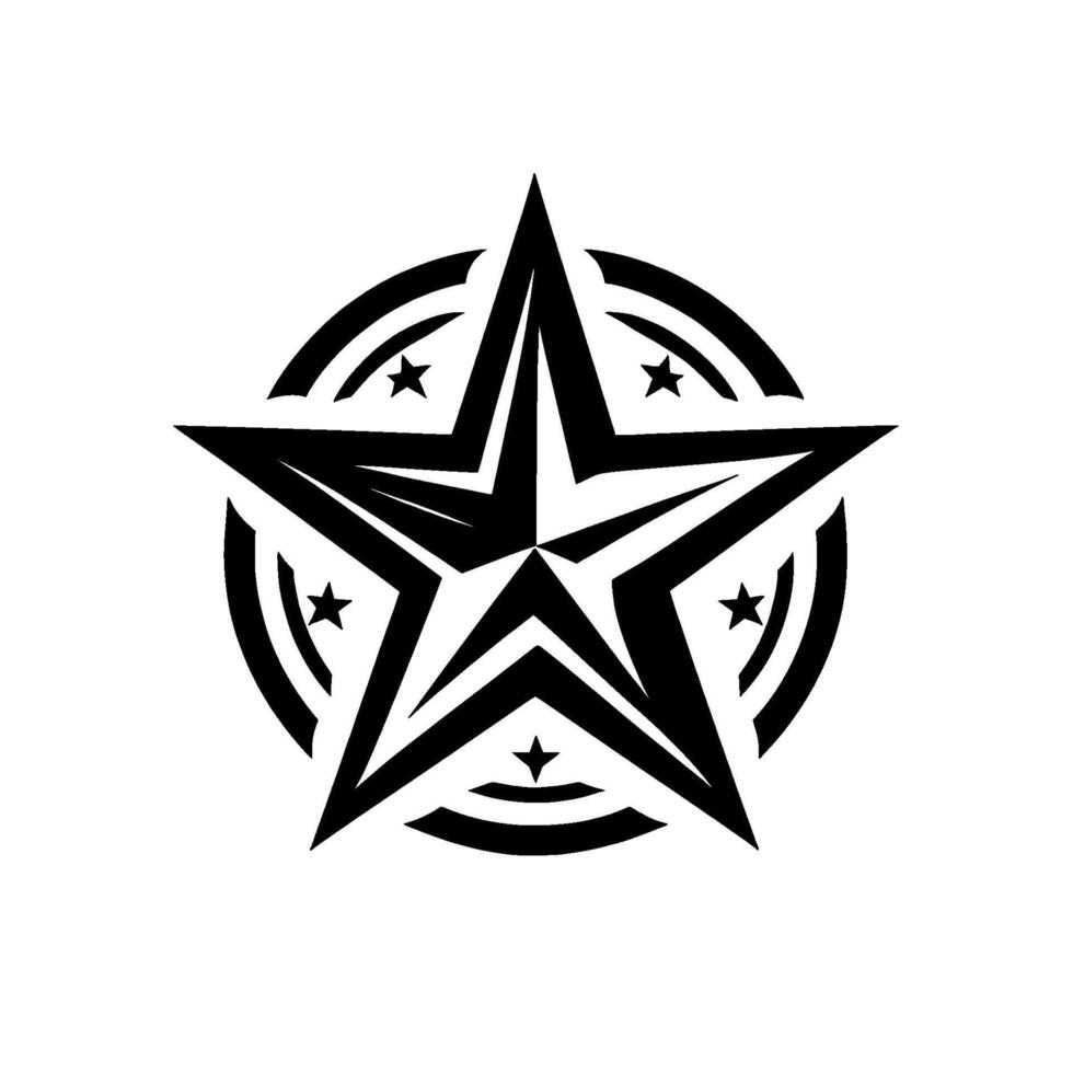 Bold black star with circular accent small star embellishments, emblem design, isolated on white, modern illustration vector