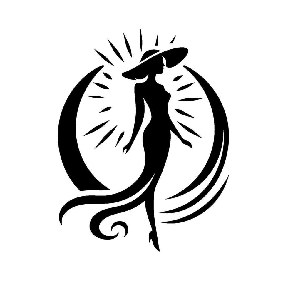 Elegant silhouette of a woman in a widebrimmed hat, standing gracefully inside a stylized sunburst and crescent moon, in monochrome. vector