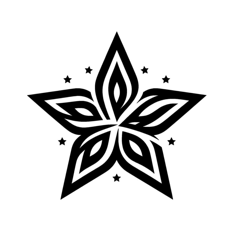 A black and white stylized floral star featuring layered petal shapes radiating outwards, encircled by small star accents against a clean white backdrop, giving a sense of elegance and simplici vector