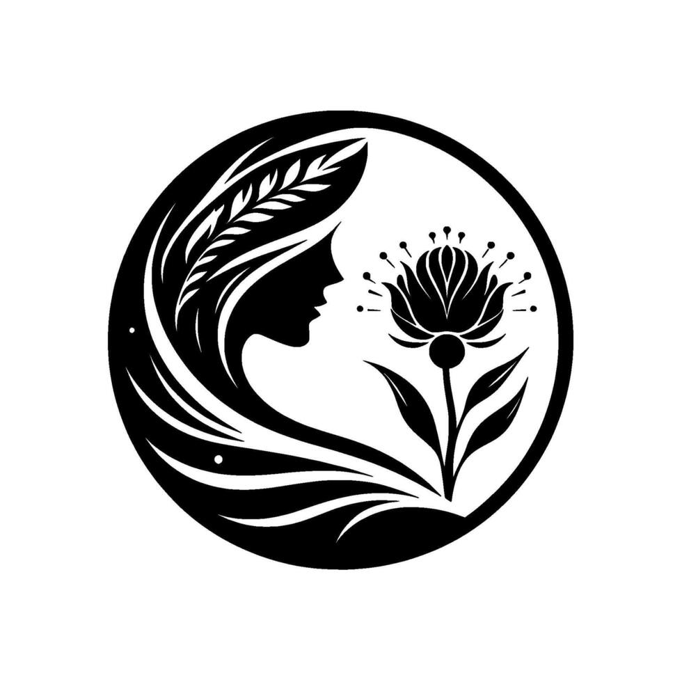 Elegant black and white circular profile of a woman intertwined with floral motif and leafy elements vector