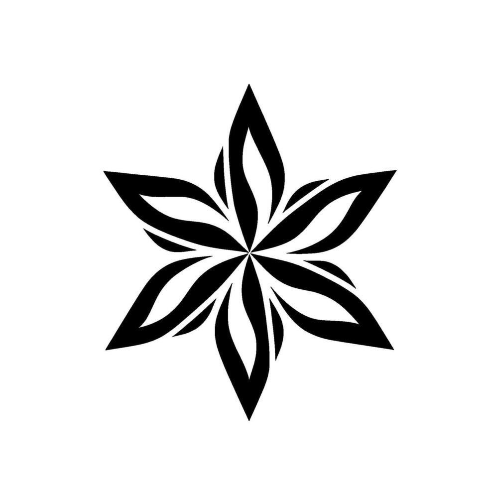 Abstract black and white floral composed of six petallike shapes radiating from a central point, isolated on white. vector