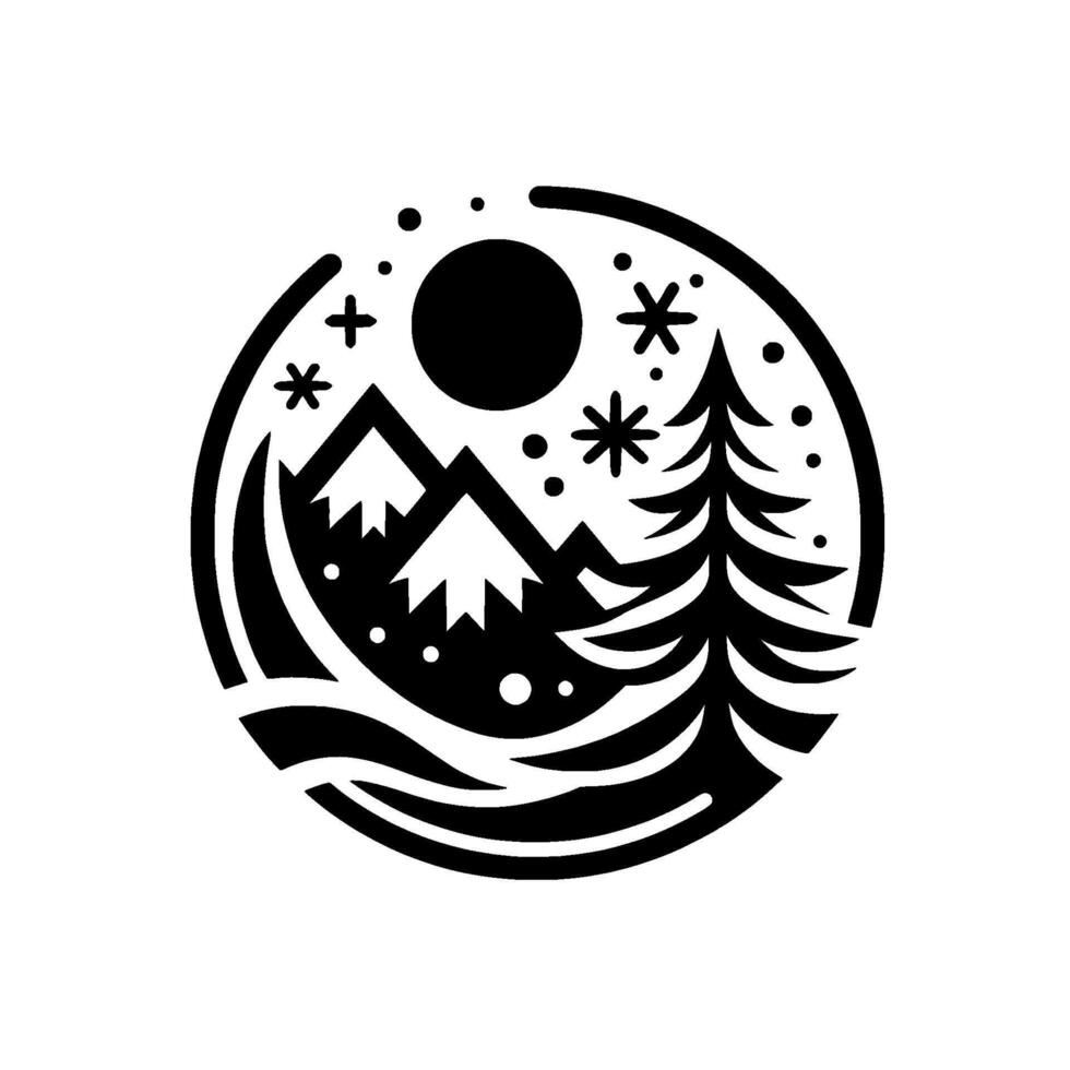 A minimalist black and white circular illustration of a winter landscape featuring mountains, evergreen trees, a sun, and snowflakes. vector