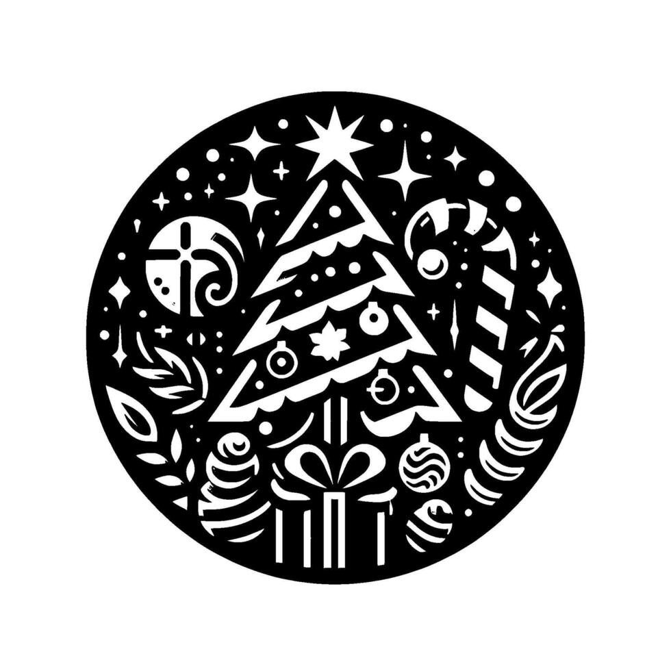 Circular christmas ornament, monochrome silhouette festive tree, gifts, ornaments, stars, and swirls. vector
