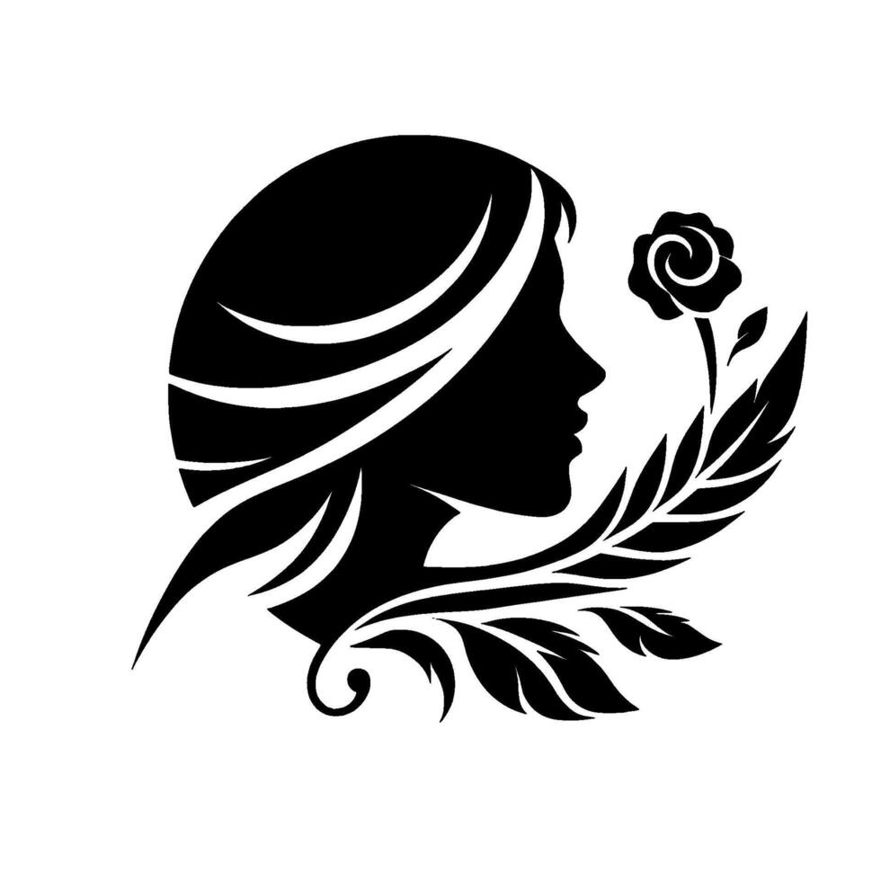 Elegant silhouette a womans profile framed by floral elements, rendered in bold black against a pristine white background, evoking sophistication. vector