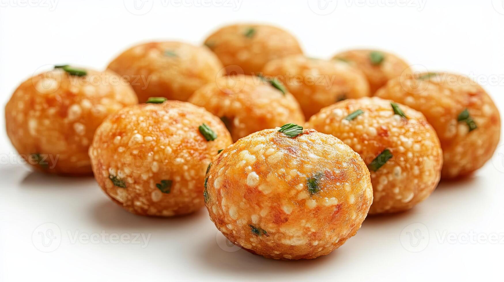Close up view of boondi ladoo a traditional Indian sweet served during celebrations and festivals on a white background photo
