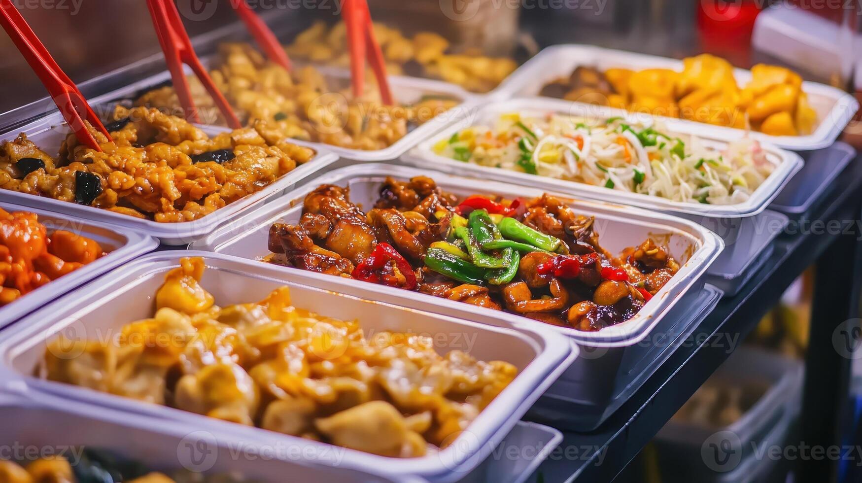 A vibrant and colorful array of different dishes can be seen in a lively food market, filled with activity during the enchanting evening hours photo