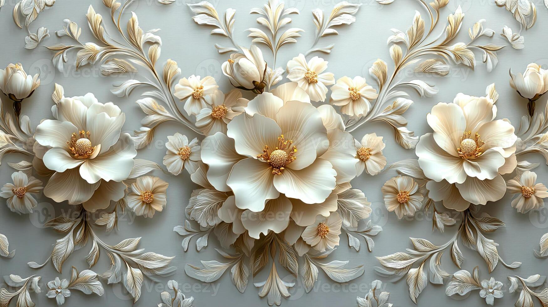 Elegant floral wall art featuring cream and beige flowers with intricate detailing enhancing interior decor in a modern setting photo
