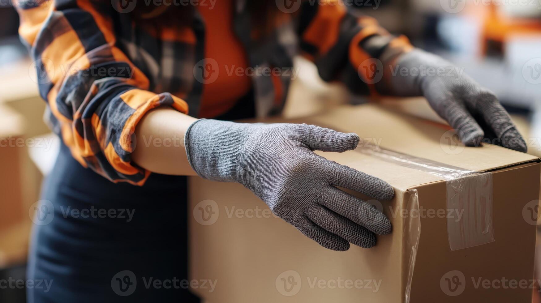 A woman, dressed in gloves, is meticulously managing a box in her workspace, with the soft light of day illuminating her tasks photo