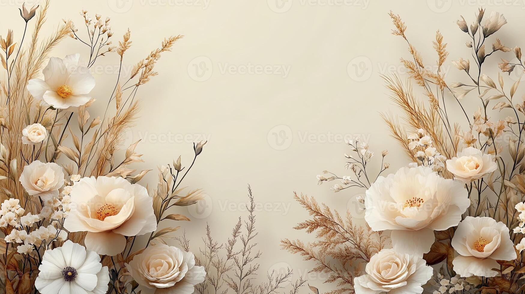 Elegant floral arrangement featuring soft beige and cream flowers on a muted cream background suitable for decor or design photo
