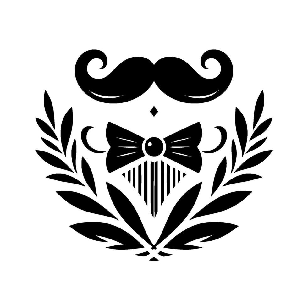 A sophisticated monochrome emblem featuring a stylized mustache, bow tie, and laurel wreath, conveying classic elegance. vector