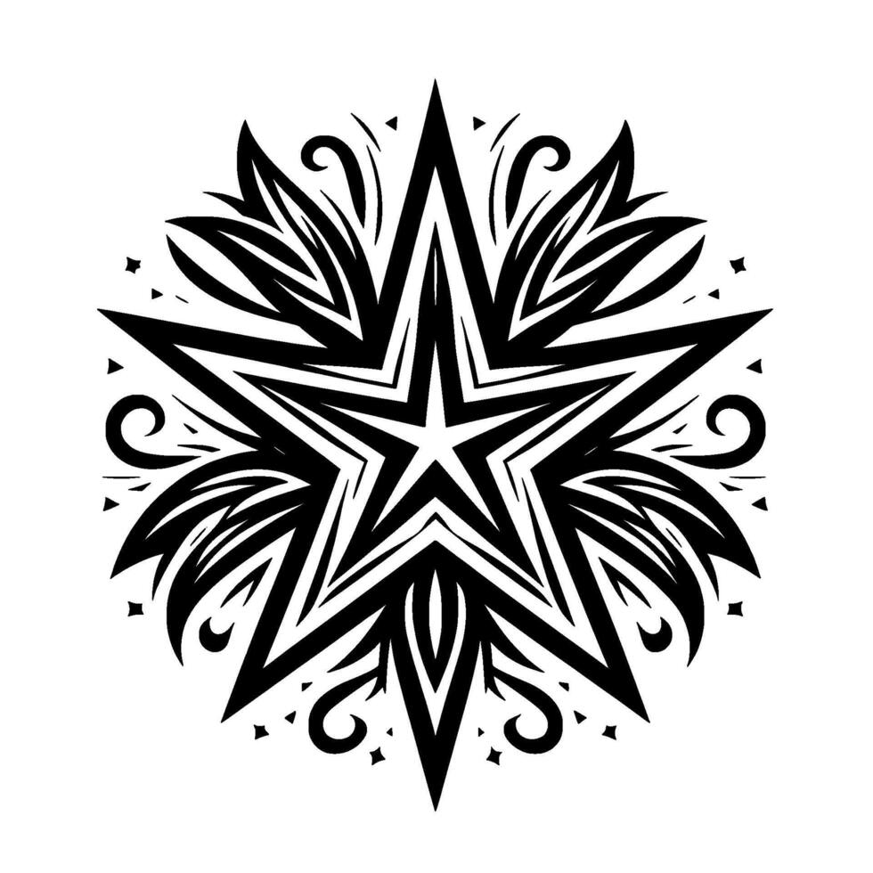 Intricate black and white starburst mandala, with geometric star design, surrounding flourishes and details, isolated on a white background. vector