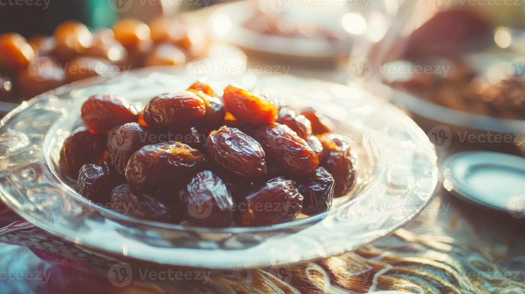 Delicious dates served on a decorative plate against a warm, sunny backdrop during a festive gathering in a Middle Eastern setting photo