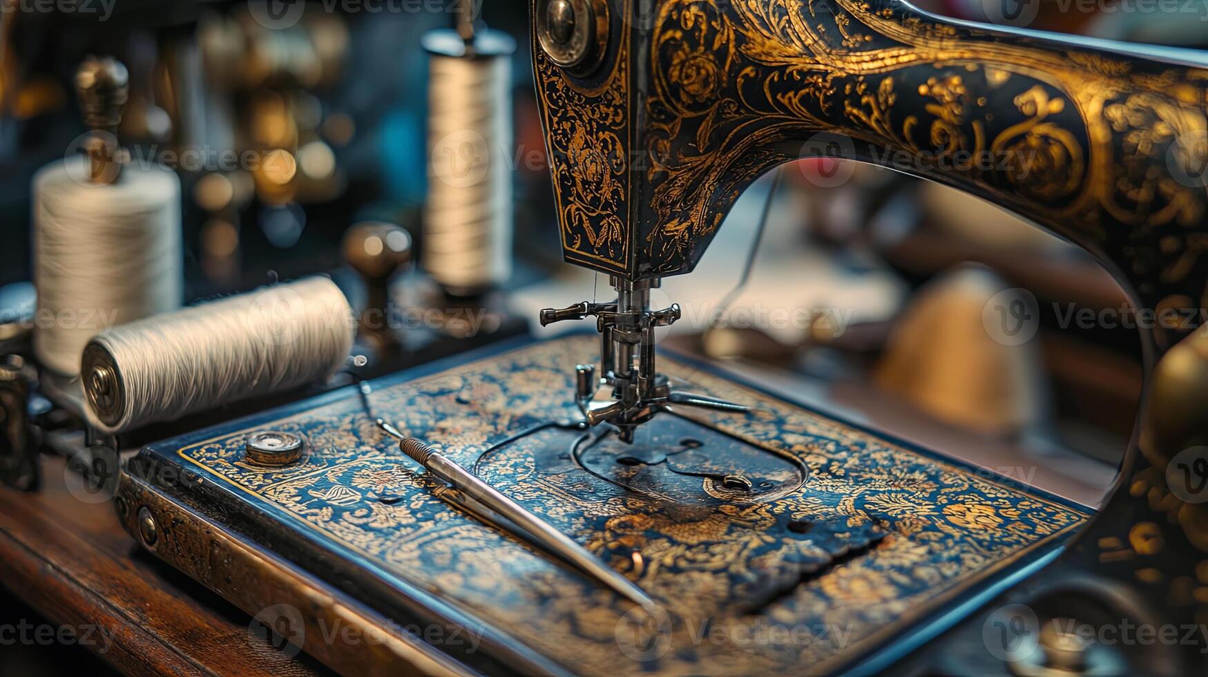 Close up view of vintage sewing machine with metal shuttle, scissors, thread spool, and sewing needles for creative crafting photo