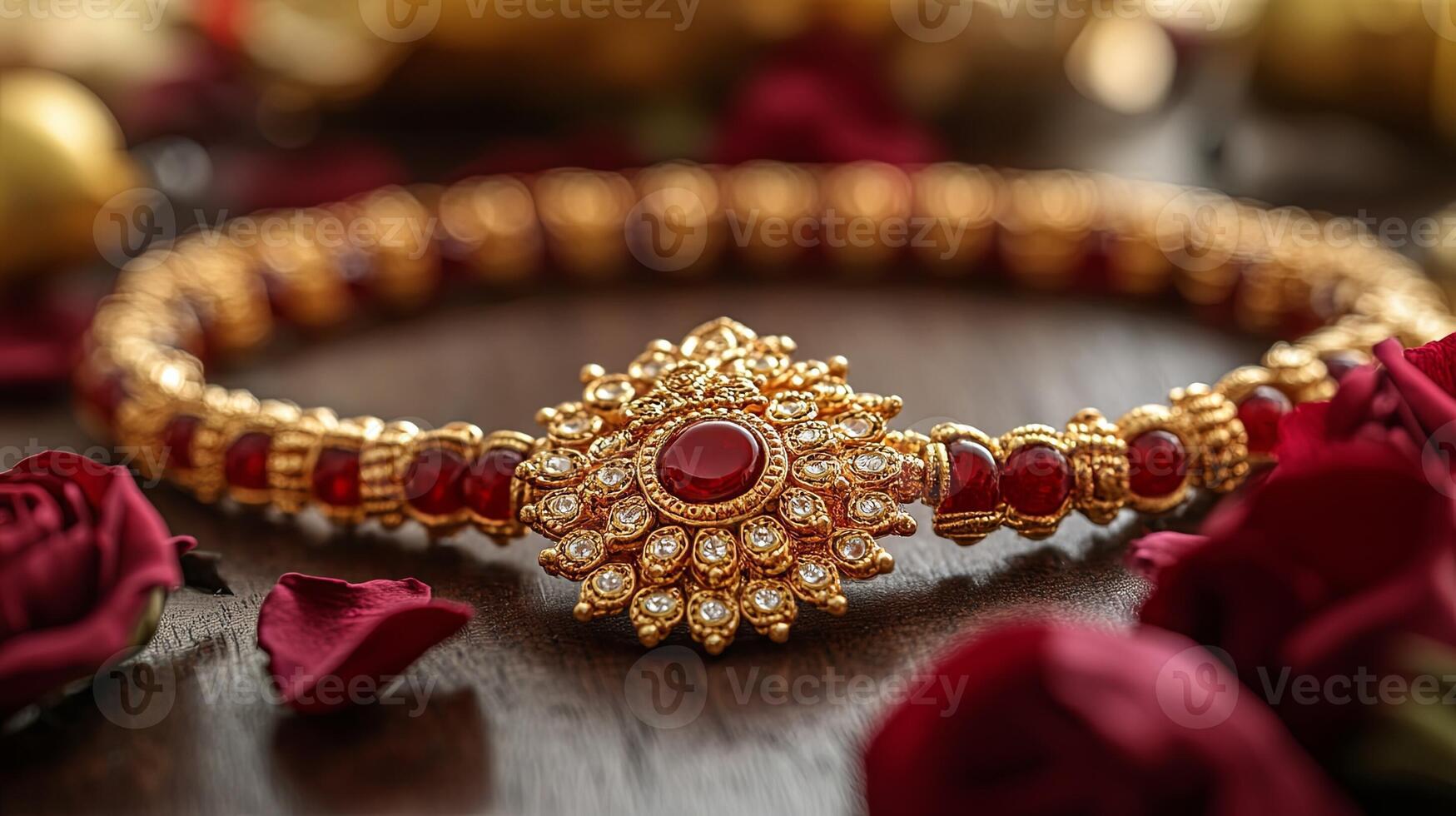 Discover a beautifully crafted Rakhi intricately adorned with shimmering gemstones and exquisite floral decorations perfect for celebrating the cherished festival of Raksha Bandhan photo