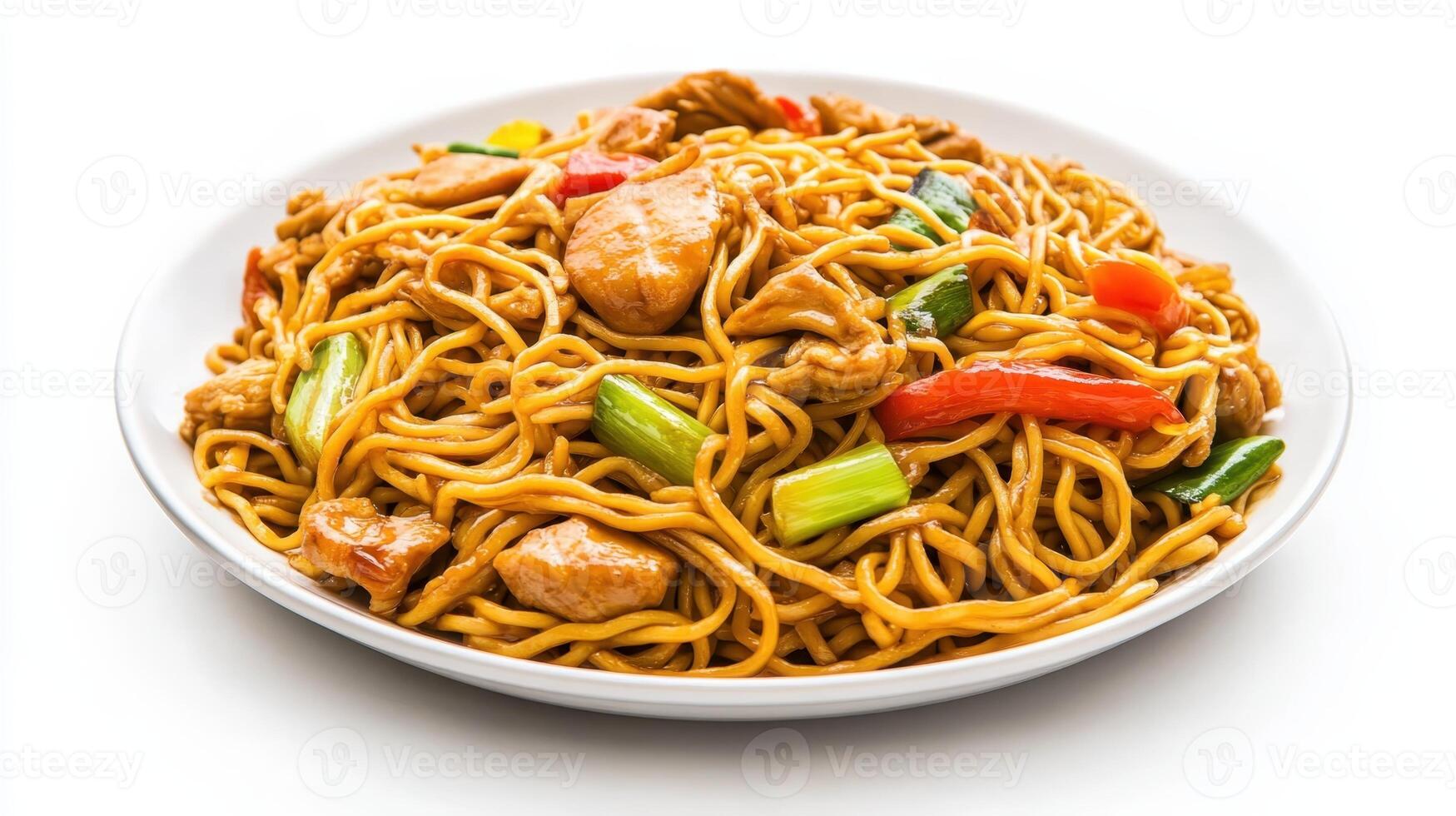 Stir-fry noodles with chicken and vegetables served on a white plate for a delicious Asian-inspired meal photo