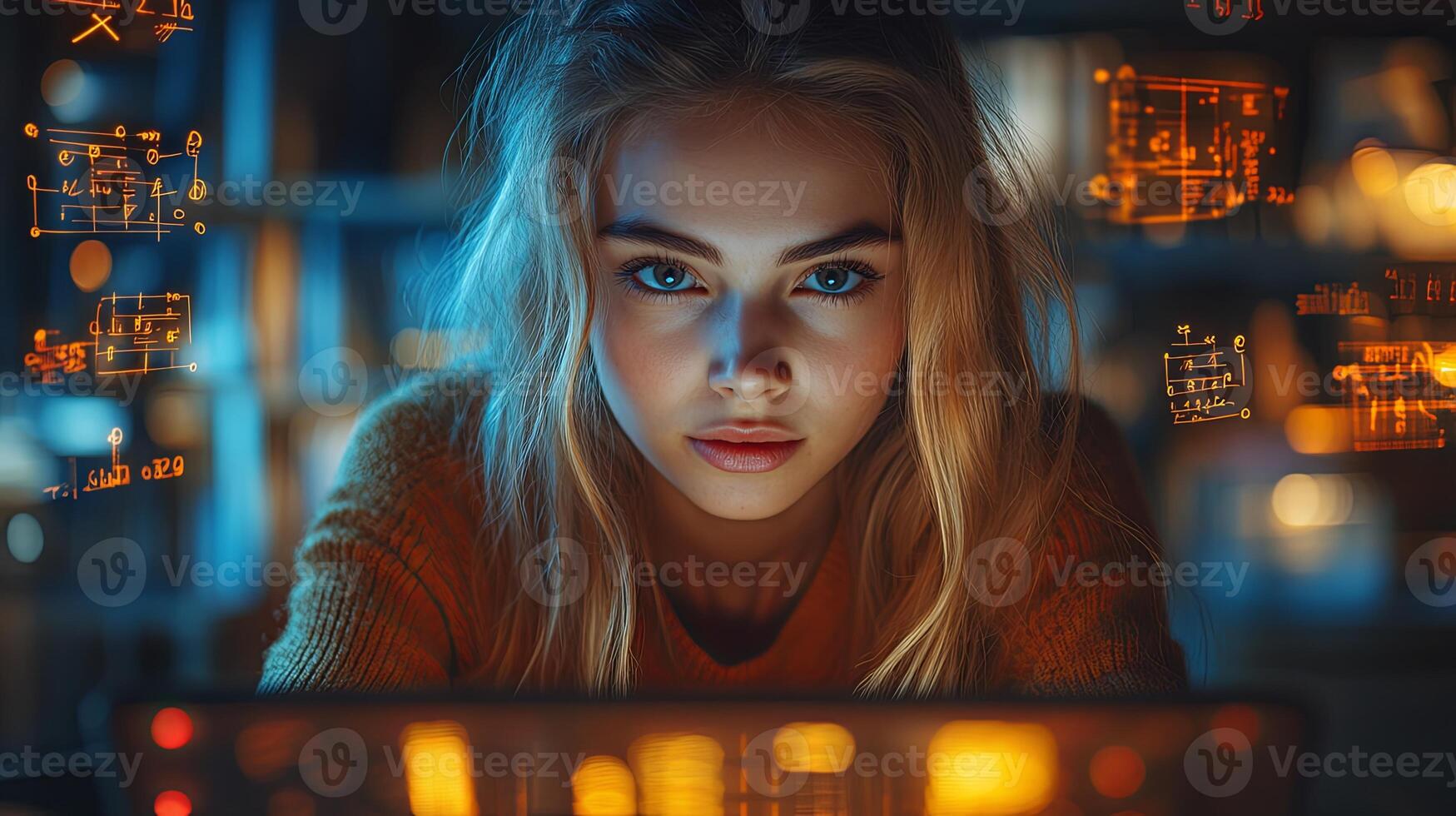 Focused student solving complex mathematical equations on a laptop while illuminated by screen glow surrounded by glowing equations photo