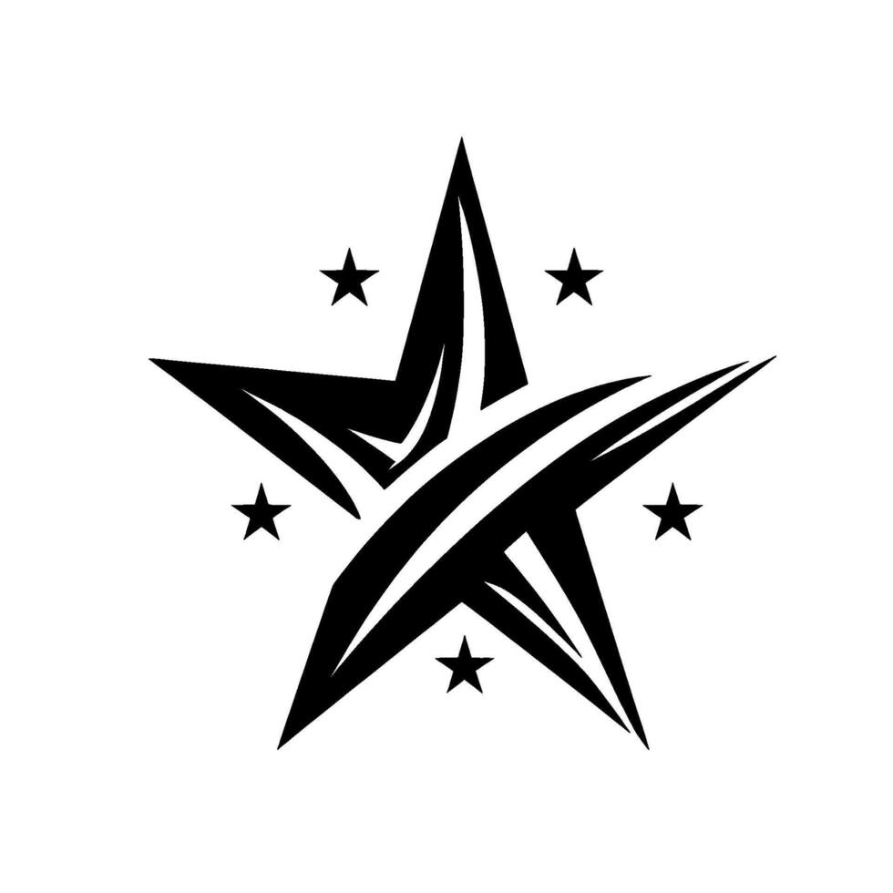 Bold black star emblem with abstract swooshes and smaller stars against a white background. vector