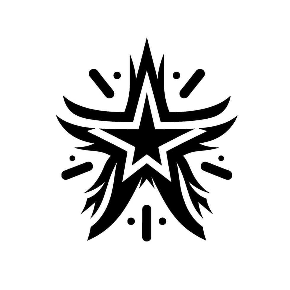 Symmetrical starburst tattoo in black and white featuring intricate tribal and minimalist elements. vector