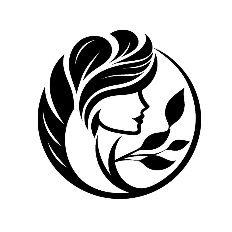 Elegant silhouette of a woman in a circle, her hair flows into leaves, embodying natures beauty and harmony in monochrome. vector