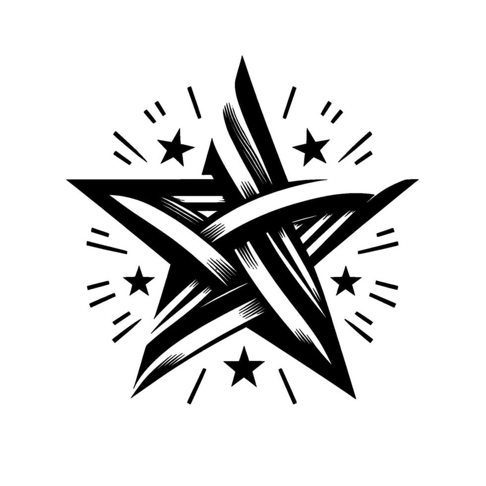 Intricate black and white starburst composition with intertwined lines, surrounded by radiant burst elements, on a white background. vector