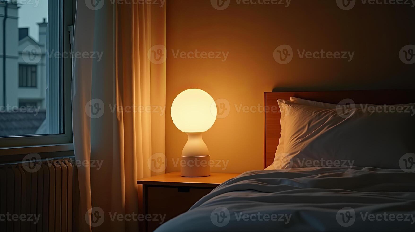 Warm light illuminates a cozy bedroom with a stylish lamp next to a neatly arranged bed during the evening photo