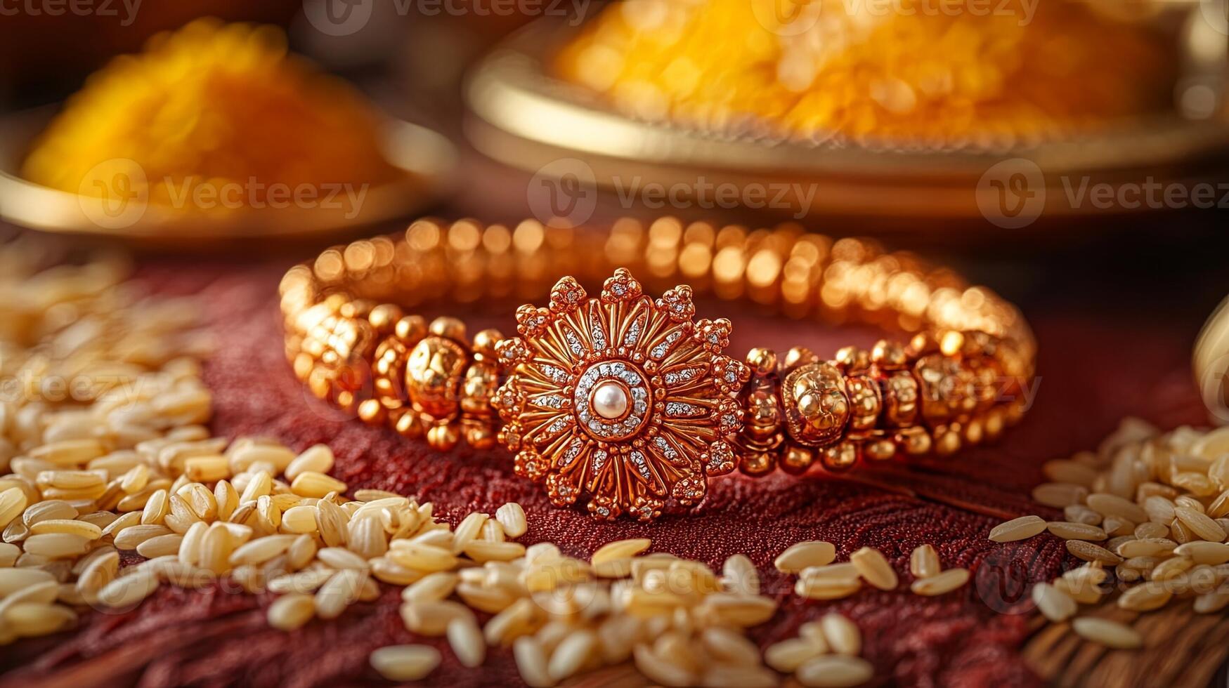 Celebrating Raksha Bandhan with a beautiful Rakhi and rice grains on a vibrant red background symbolizing the bond between siblings photo