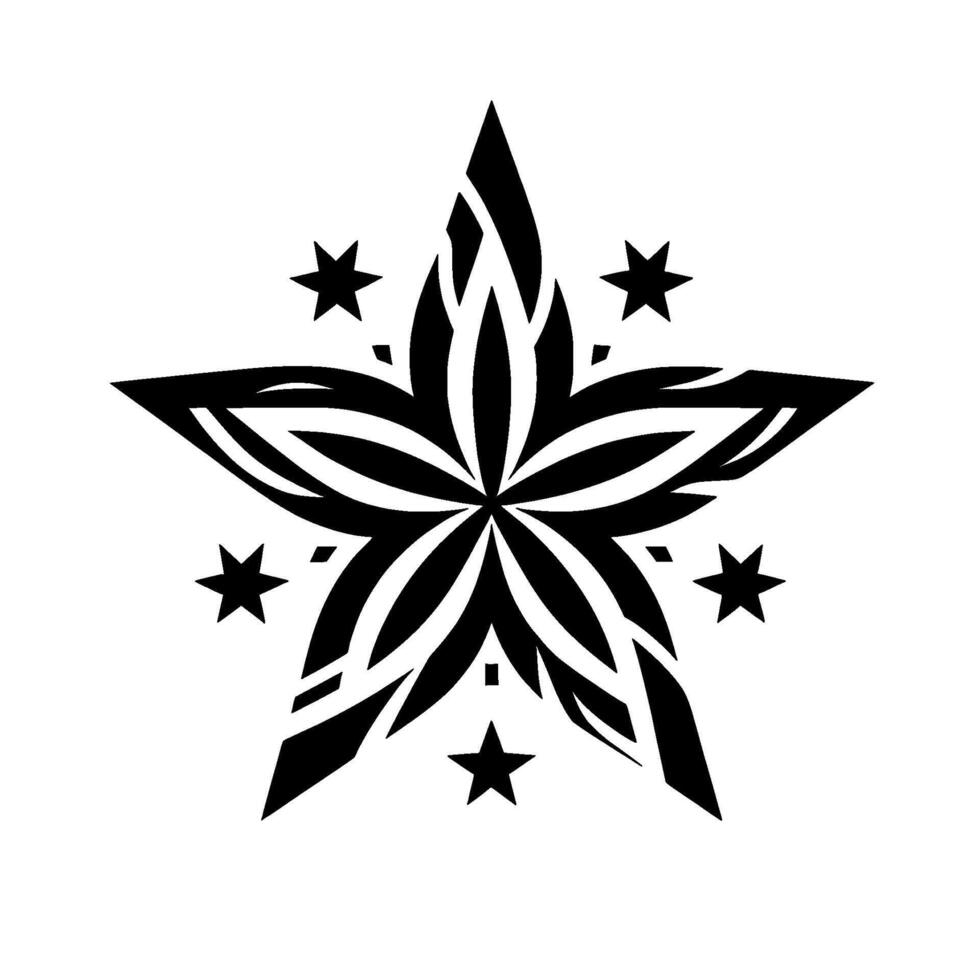 Bold black and white starburst featuring floralinspired petals and smaller star accents, set against a white background. vector