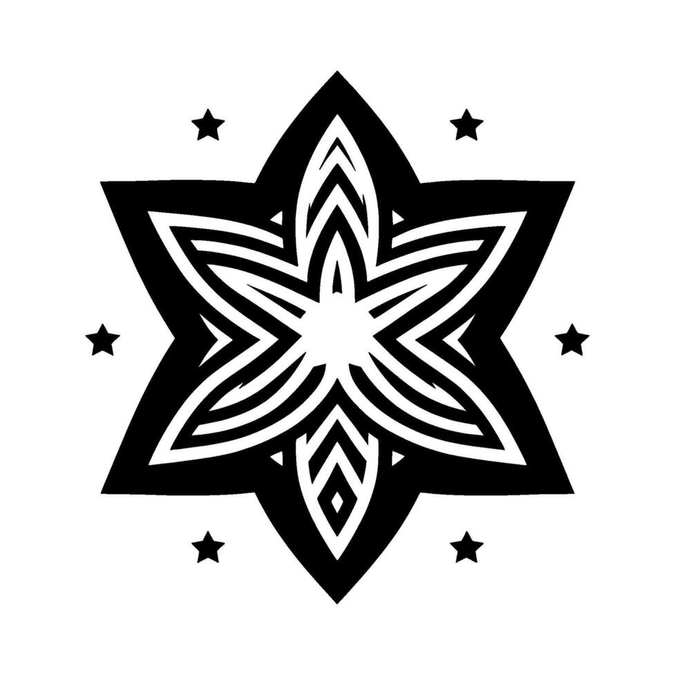 Symmetrical black and white starburst featuring an intricate layered pattern, ringed by small stars on a stark white background. vector