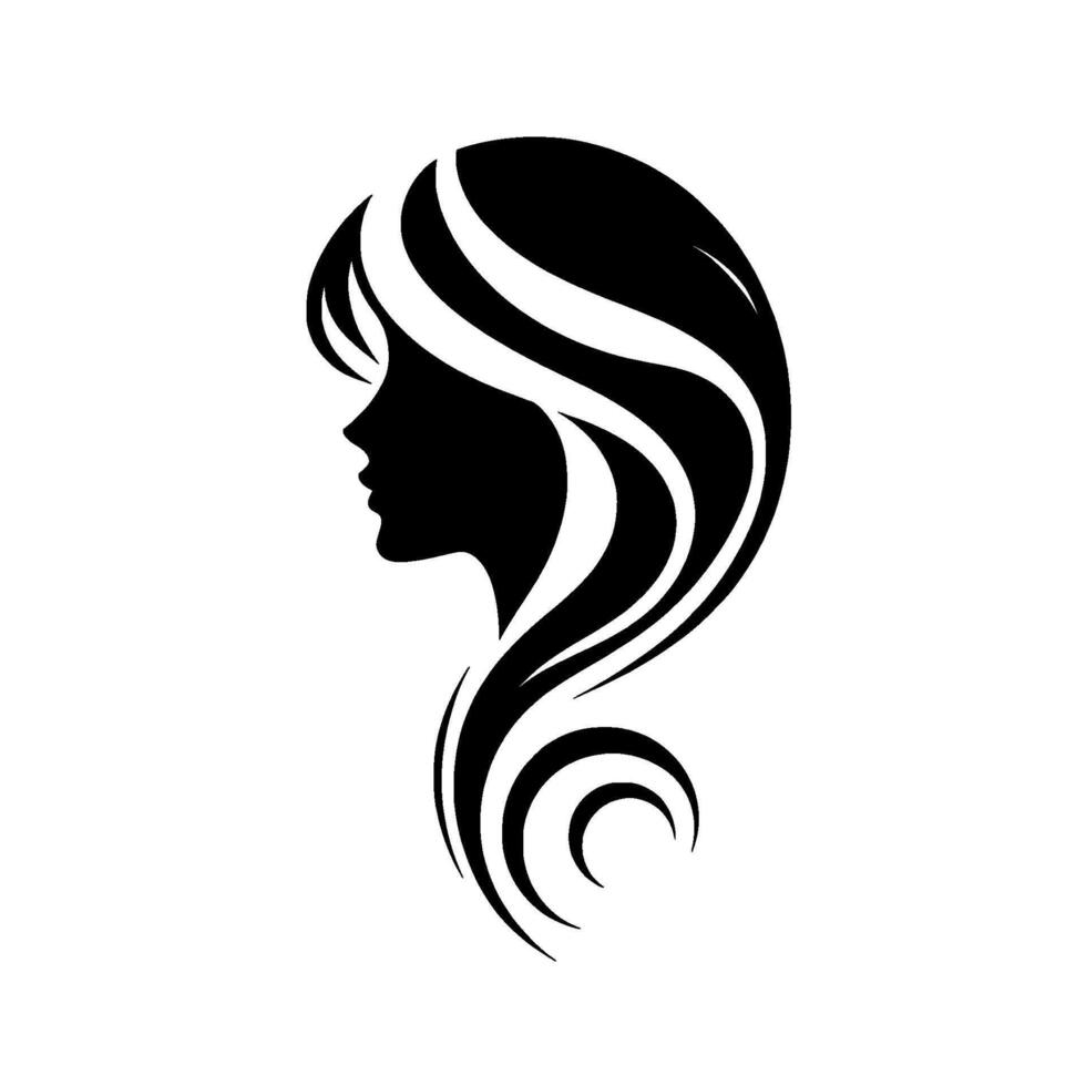 Elegant silhouette of a woman, profile facing left, featuring flowing hair with curved lines against a pure white backdrop. modern, minimalist aesthetic. vector