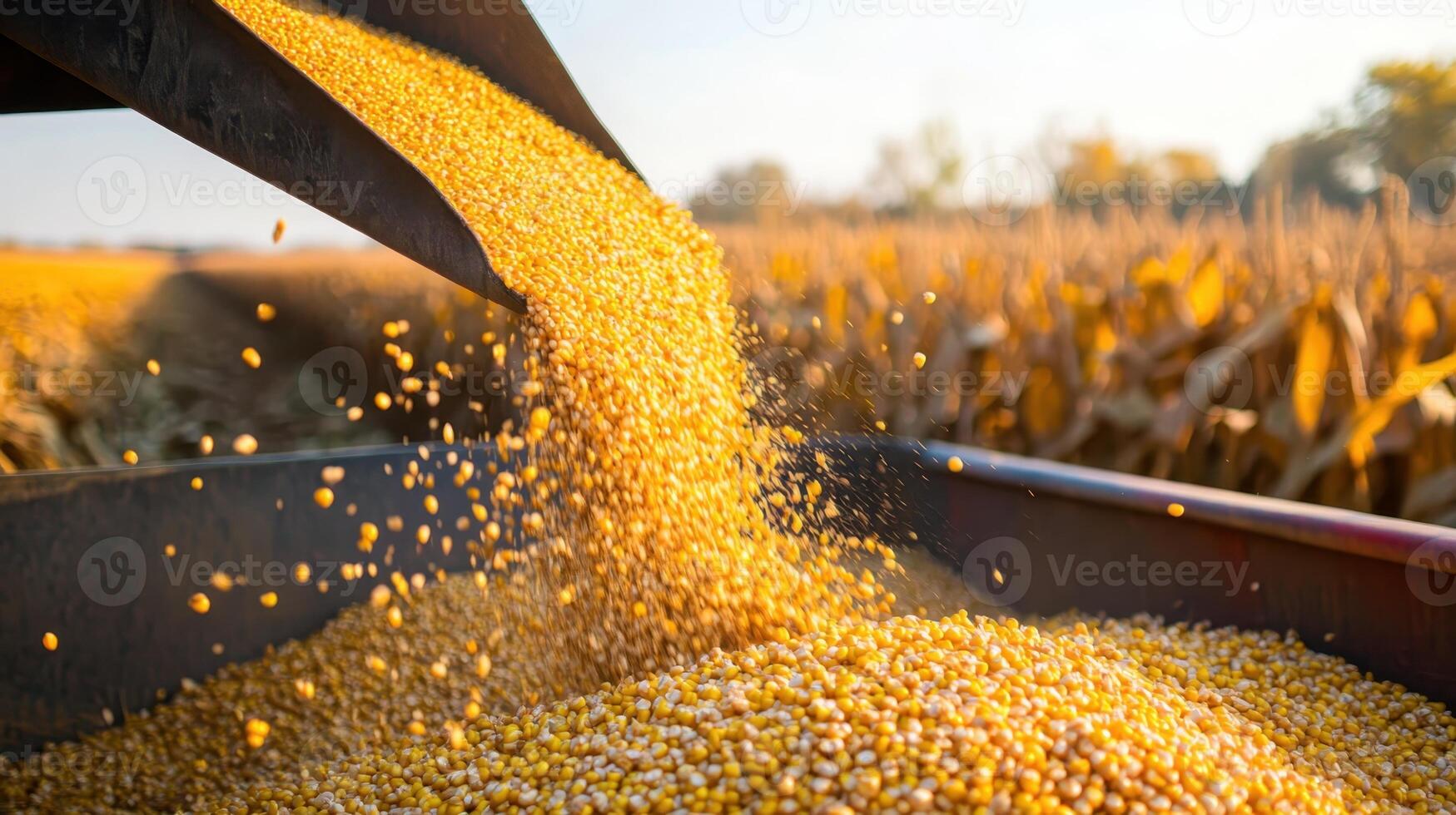 Golden corn being harvested in a field during autumn, showcasing the bounty of a successful farming season in the countryside photo