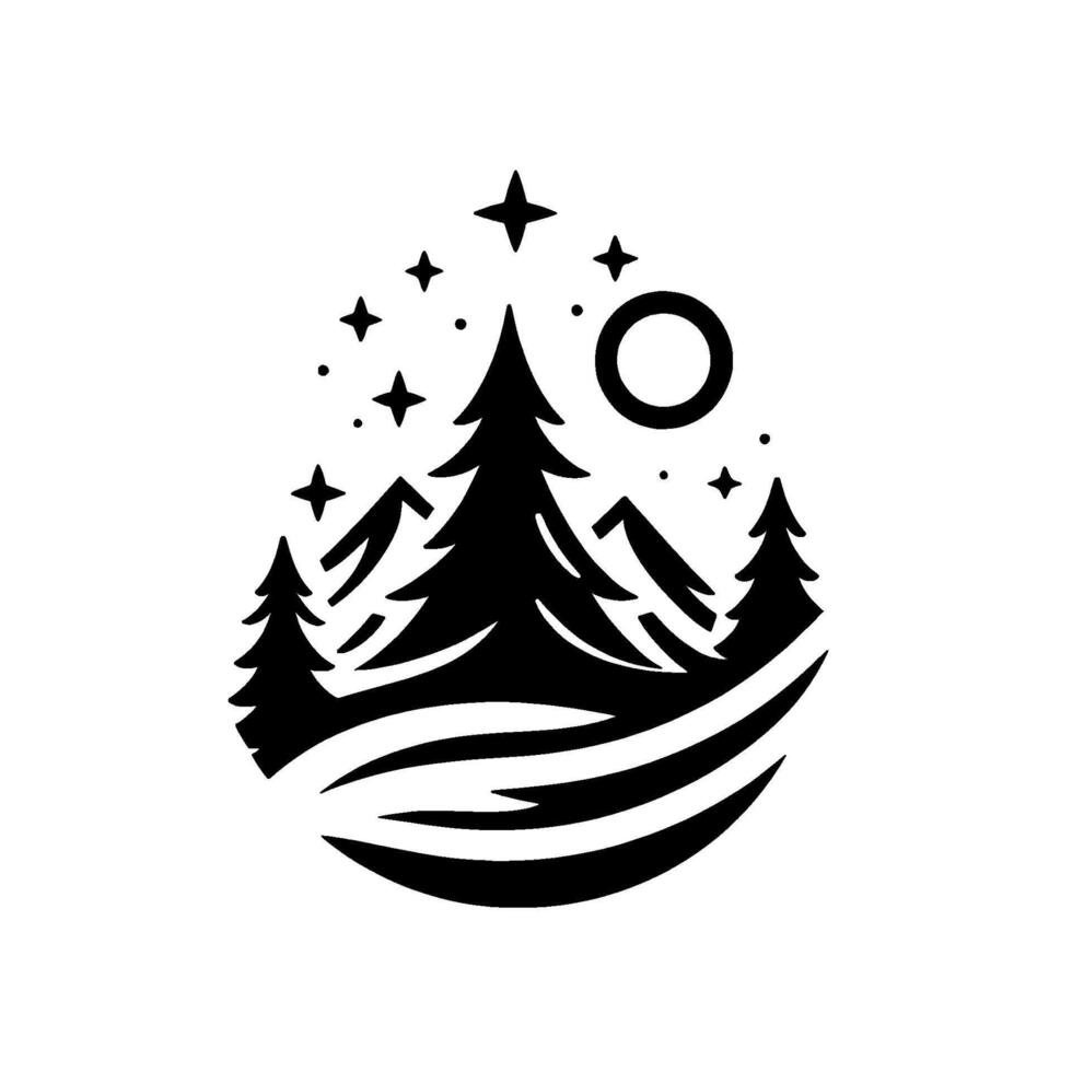 Minimalist black white nature scene silhouette of evergreen trees, moon, and stars in a tranquil, circular composition. vector