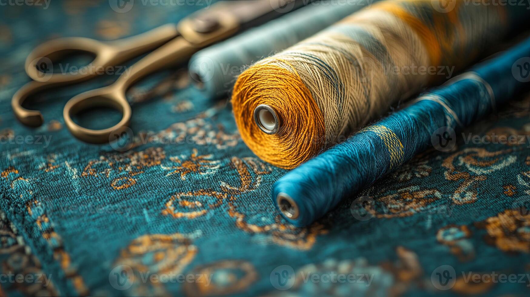 Closeup view of a sewing table showcasing bright threads and scissors perfect for creative sewing projects in a cozy workspace photo