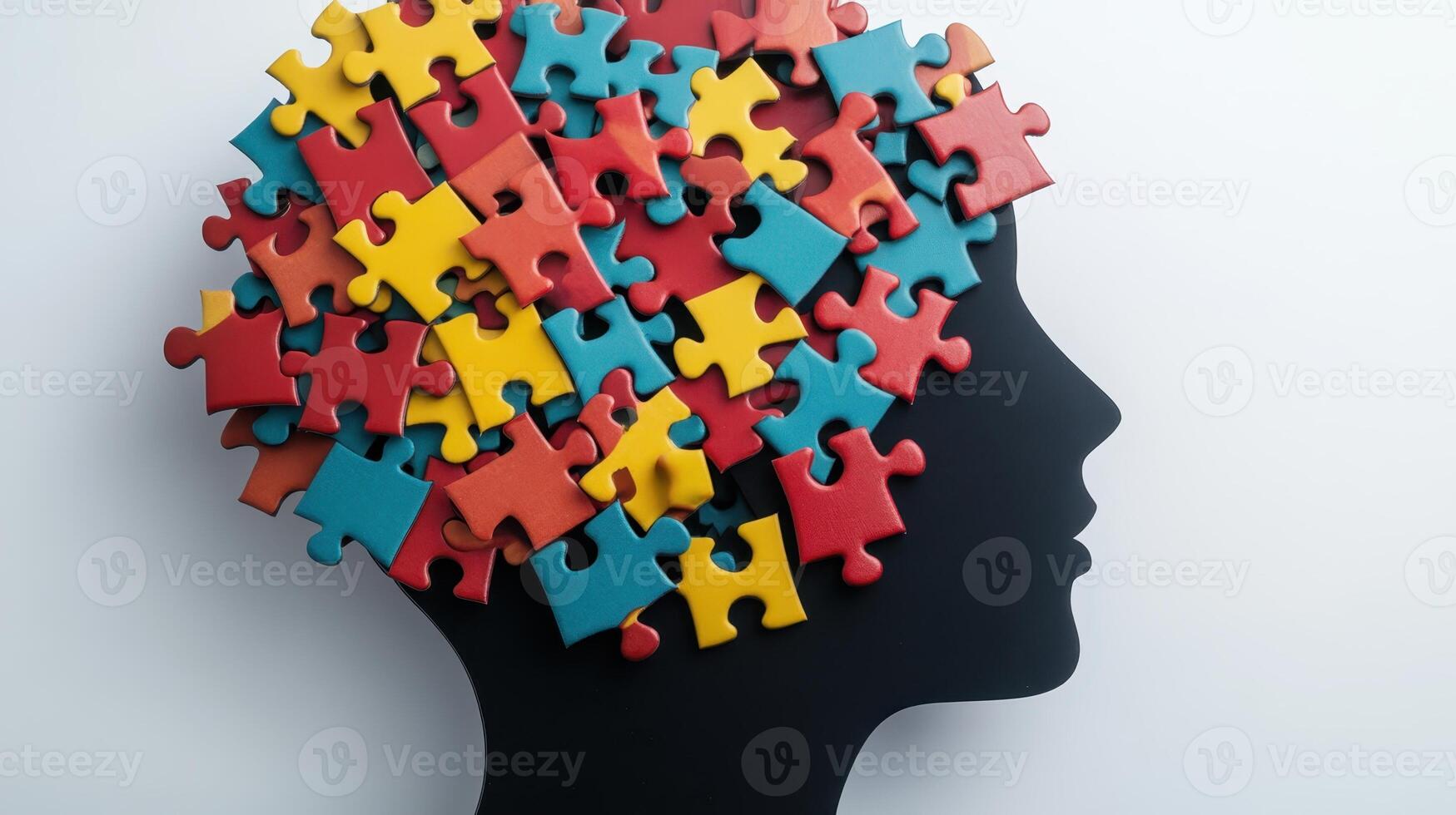 Colorful puzzle pieces create a vibrant representation of a human head filled with thoughts and ideas photo