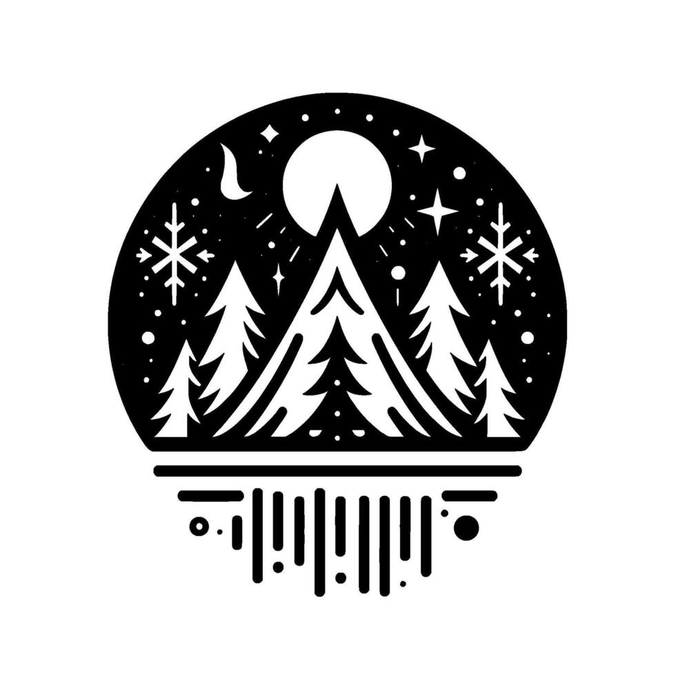 Monochromatic winter night scene snowy pines under a full moon and stars within a circular frame, with snowflake accents. vector