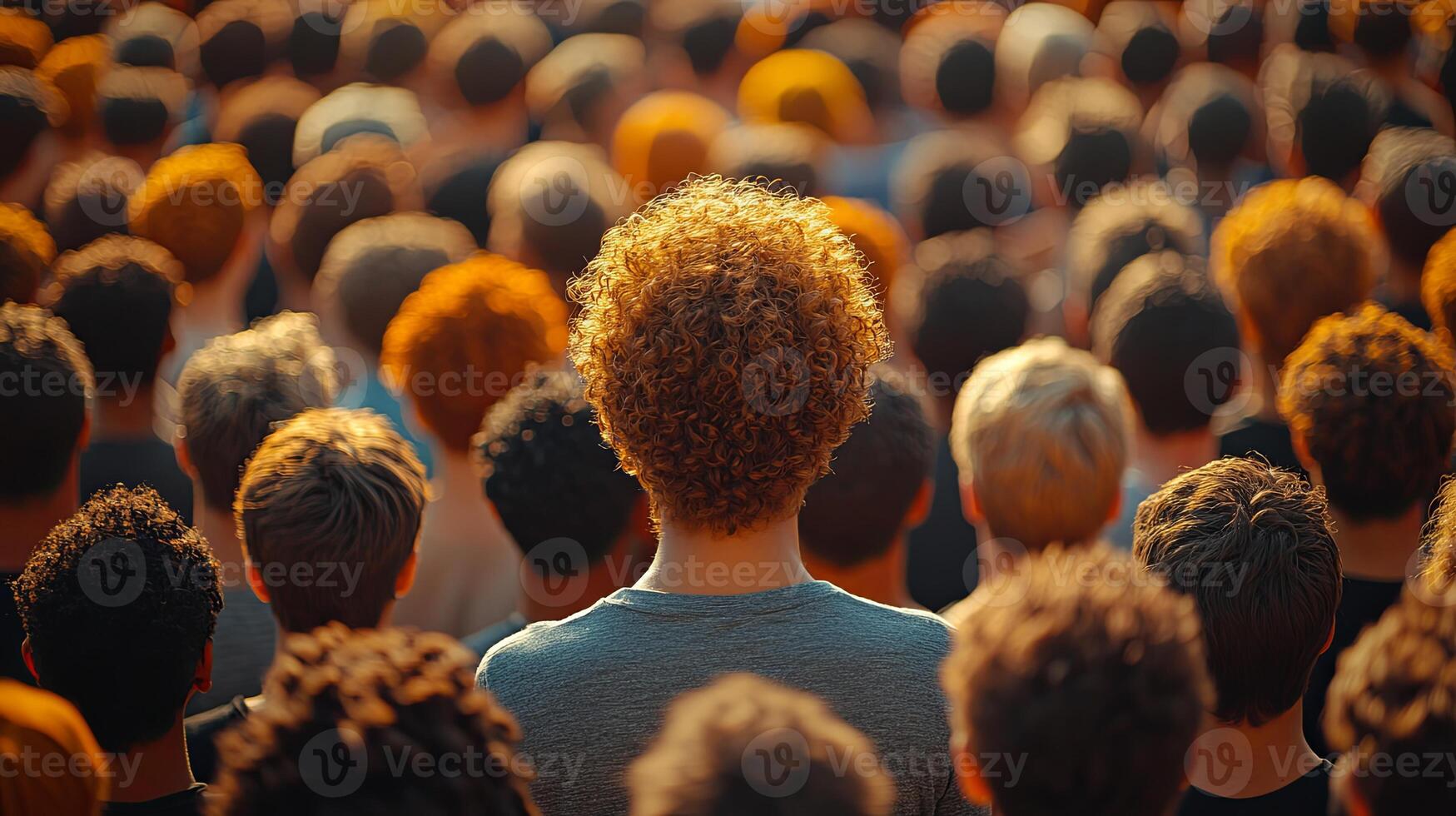 Gathering of individuals with diverse hair textures at an outdoor event in a vibrant urban setting during sunset photo