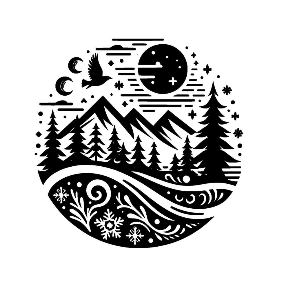 A serene black and white circular illustration of a winter night scene. bird flies above mountains, moon and pine trees under the stars. vector
