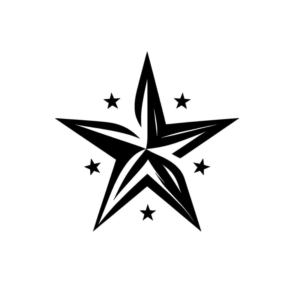 A bold, black and white illustration of a stylized star composed of sharp lines and geometric patterns, surrounded by smaller stars, set against a stark white background. vector