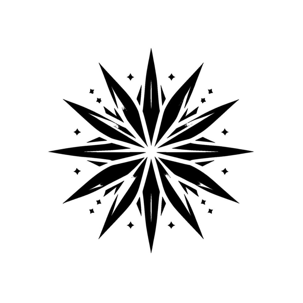 Geometric black and white starburst mandala with intricate patterns and stellar accents, set against a crisp white background. vector