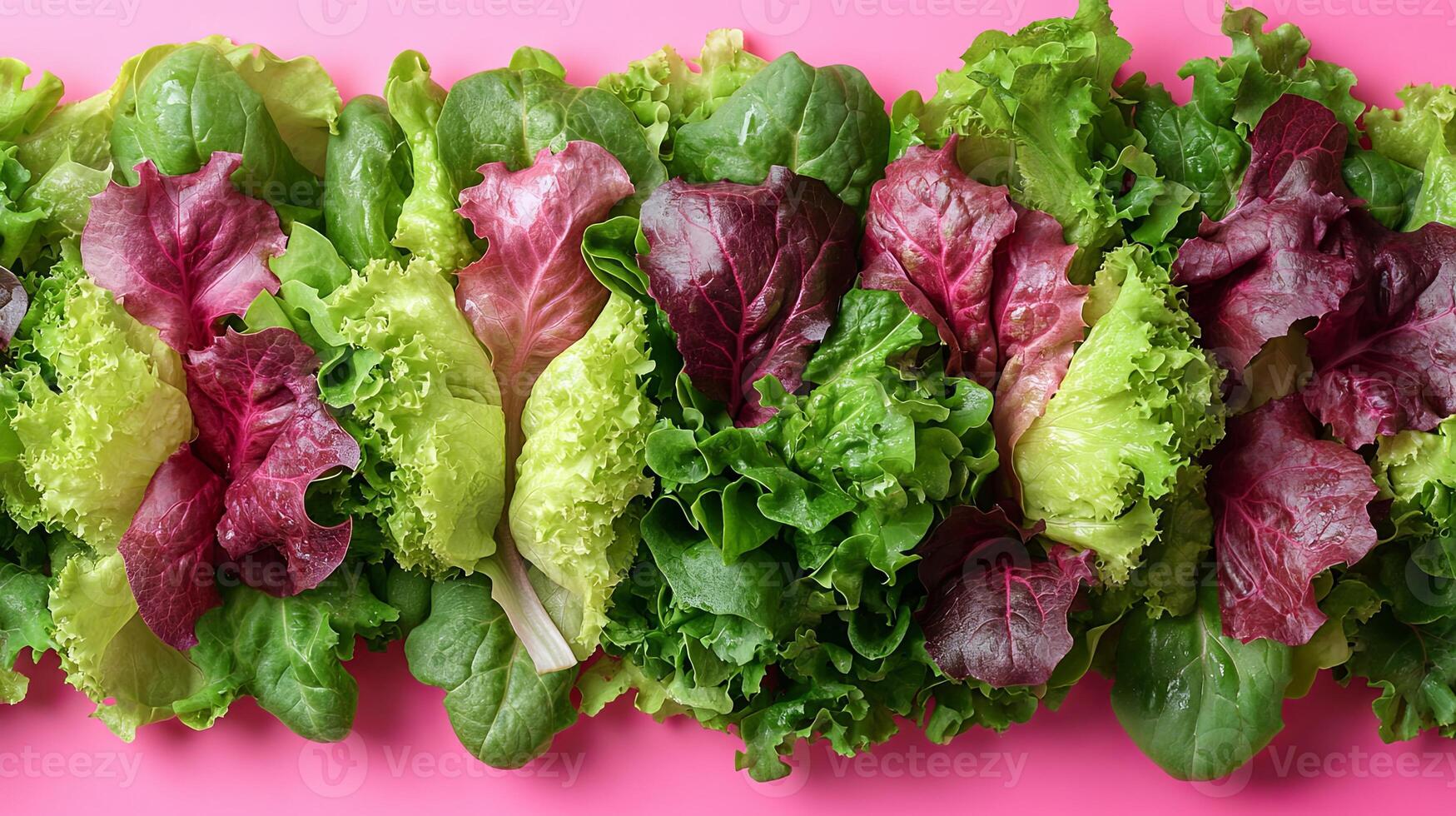 Fresh assorted salad greens arranged on a vibrant pink background showcasing various textures and colors in a visually appealing presentation photo