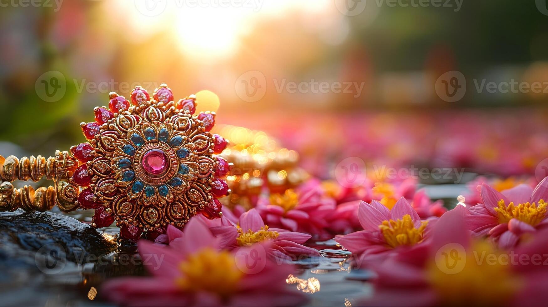 Beautiful rakhi adorned with colorful gems resting on a bed of pink lotus flowers during the celebration of Raksha Bandhan festival in India photo